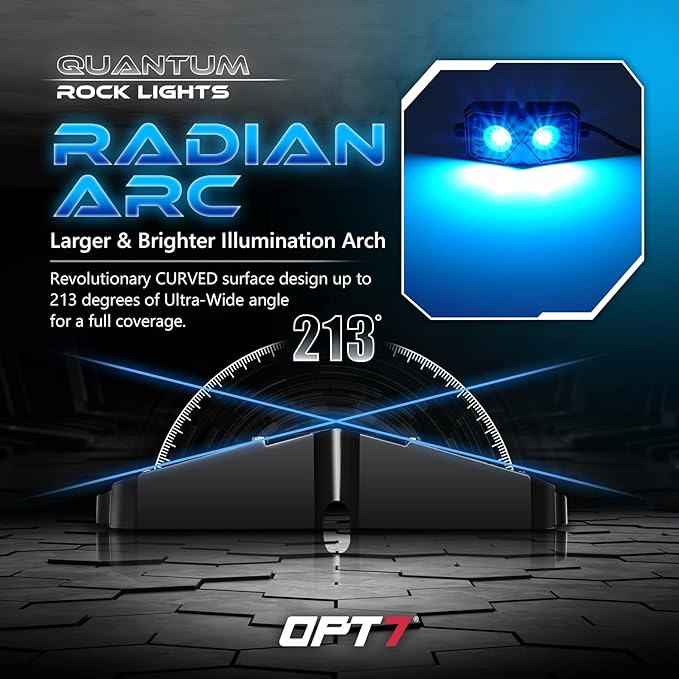 OPT7 Quantum RGBW LED Rock Lights with Remote Control, 4 Pods Wide Angle Multicolor Neon Underglow Lighting Kit with Extension Wire, IP68 Waterproof for Offroad Truck Jeep RZR ATV UTV SUV