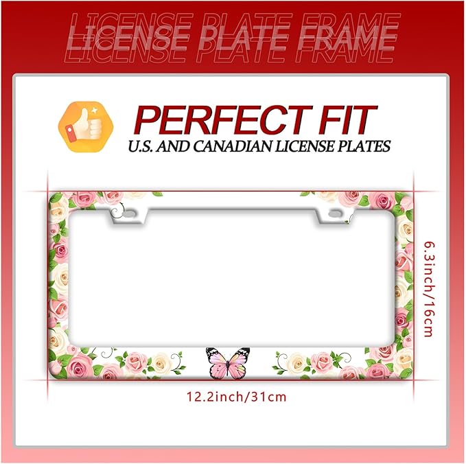 Pink Butterfly License Plate Frame Rose Flowers Floral License Plate Holder Colorful Auto Accessories for Women 6x12 Inch