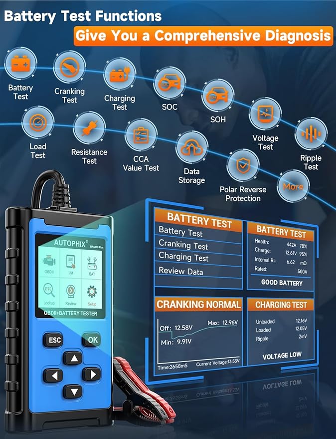 AUTOPHIX BAS300 Plus OBD2 Scanner & Battery Tester(Upgrade of BAS100), 2-in-1 Car Diagnostic Tool, 12V 100-2000 CCA Battery Charging Cranking Test, Check Engine Light Car Code Reader for All US Cars