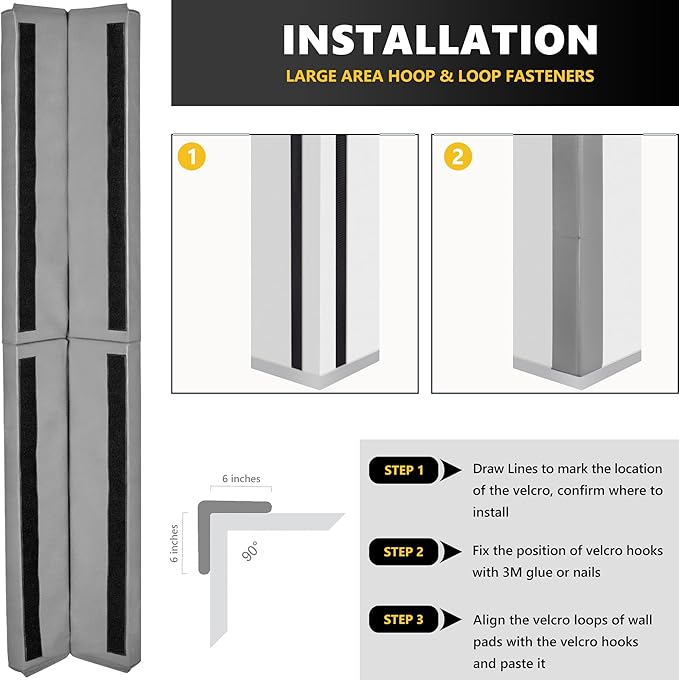 Wall Corner Guards & Edge Protector, Heavy Duty Wall Corner Protective Safety Padding, All-Weather 2 Sides Corner Pad for Gyms, Basketball Court, Playrooms, Garages,etc. (Gray, 6FT Tall 6in Sides)