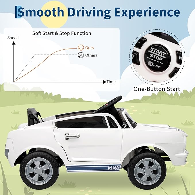 12V Ride on Car Licensed Shelby GT350, Battery Powered Ride On Toy for Toddlers with Remote Control, Electric Car for Kids, Bluetooth, Shock Absorbers, Safety Belt, 3 Speeds, LED Lights, Music, White