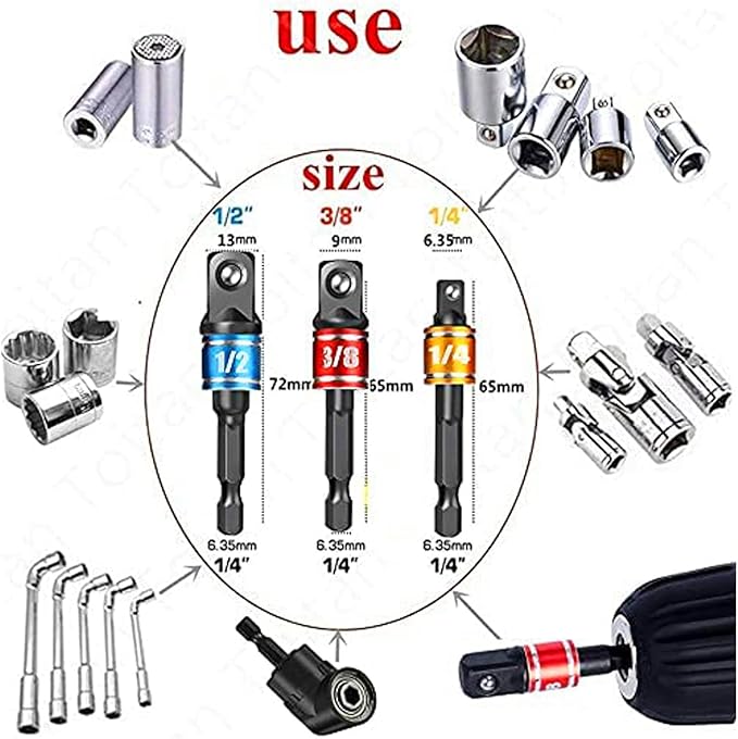 17pcs Flexible Drill Bit Extension, Include 3pcs Impact Socket Adapter 2pcs Hex Shank 105° Right Angle Drill Attachment 10 Short Screwdriver Bits Bendable Drill Bit Extension and 90° Angled Bits