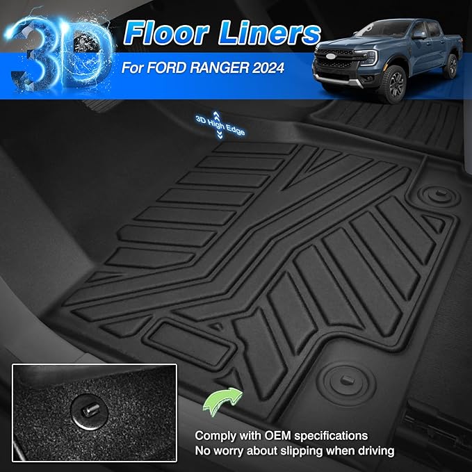 Cartist Floor Mats Fit for Ford Ranger 2024 2025 All Weather Floor Mat Ranger Accessories Heavy Duty Carpet Protection