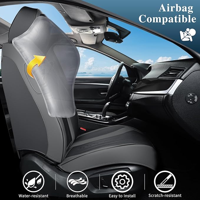 Car Seat Covers Full Set, Leather Seat Covers for Cars, Car Seat Protector Waterproof, Non-Slip Car Interior Covers Fit for Most Cars, SUV, Vans, Trucks,2Seaters,Full Set,Gray-Black,COMFDRIVE-A03