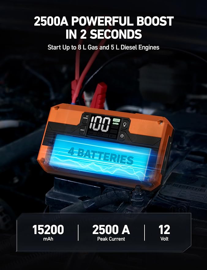 AstroAI T8 Car Jump Starter, 2500A 8-in-1 Jump Box for Car Battery, Up to 8.0L Gas & 5.0L Diesel Engine, 15200mAh QC 3.0 Power Bank, Informative LED Screen with Cigarette Adapter, Jumper Cable