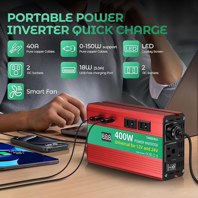 400W Power Inverter, DC 12V/24V to 110V AC Car Inverter for Truck, Home, Vehicles, Laptop, Trip