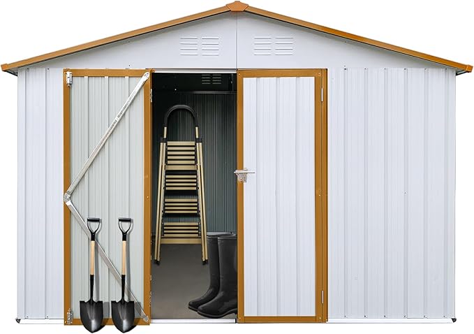 12 x 10 FT Metal Garden Shed, Outdoor Storage Shed with Heavy-Duty Steel Construction, Built-in Punched Vents & Hinged Door, Free Padlock for Secure Backyard, Patio & Garage Storage, White + Yellow