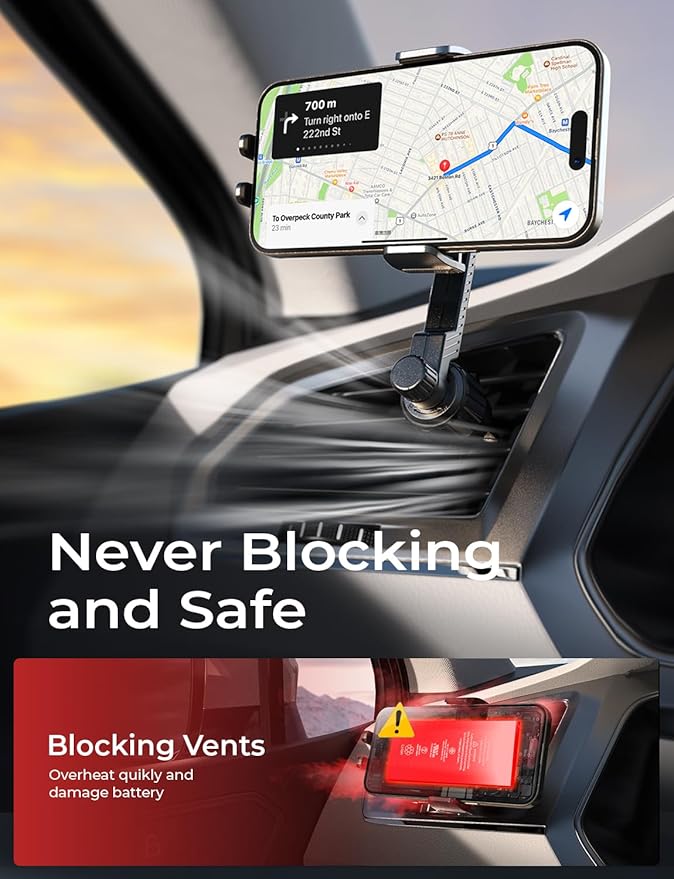 LISEN Back to School Phone Mount for Car Vent [Never Blocking] 360 Rotatable Car Phone Holder Air Vent Clip Hands Free Cellphone Car Mount for iPhone 16 Pro Max Plus 16e 15 14 Samsung Android, Black