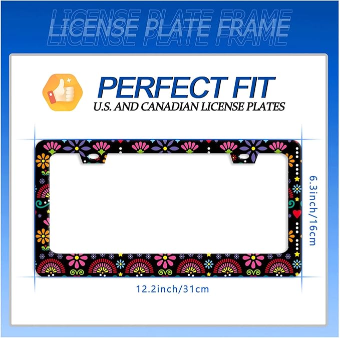 Folk Flowers Vintage Floral License Plate Frame Flower License Plate Stainless Steel Funny License Plate Holder for Men Women Universal Colorful Car Accessories Decoration 12.3" x 6.3"
