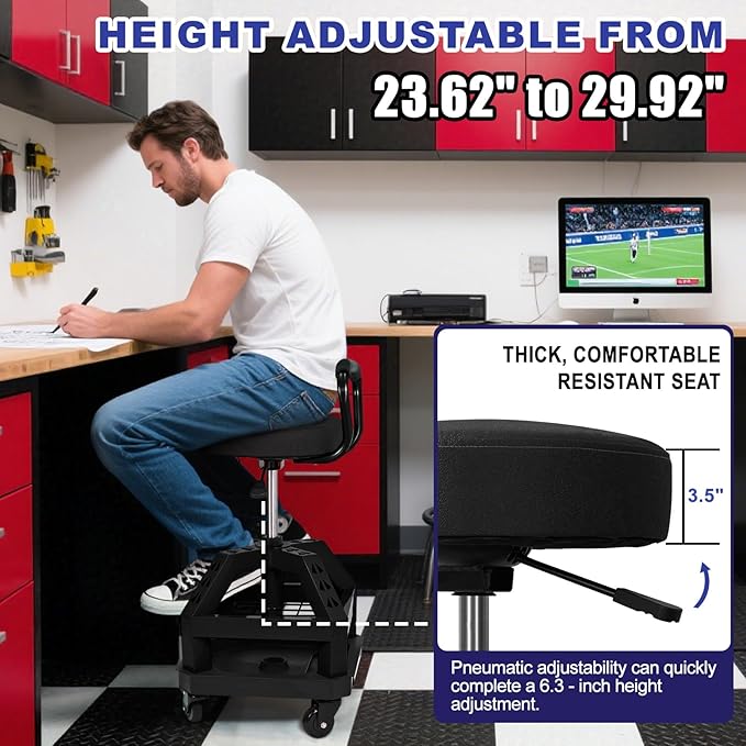 Rolling Shop Stool with Wheels, Heavy Duty Garage Work Mechanic Stool with Backrest, Adjustable Height 360°Swivel Rolling Chair with Tool Tray Storage, 330 LBS Capacity, Black