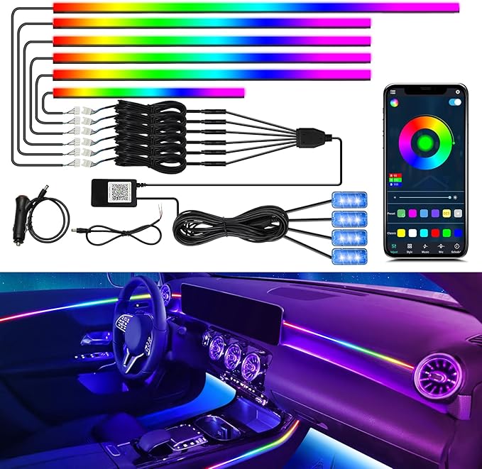 Dreamcolor Interior Car Lights, WEBUPAR Car Accessories 10 in 1 Car LED Strip Lights with APP Control and 213 Modes, 175 inches 593 LEDs Acrylic Fiber Optic Lights, RGB Neon Car Lighting