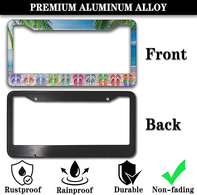 License Plate Frames Multicolor Car License Plate Frame Hawaii Beach Flip Flops Aluminum Metal Car Accessory 2 Pack with Screw Covers Set