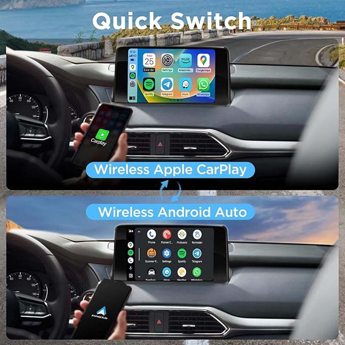 2in1 CarPlay Android Auto Wireless Adapter, Mini Car Play Cars Stick, Fast Auto Connection for OEM Wired Car Play Model 2017 Above, for iPhone iOS 12 /Android 11 Above，Black