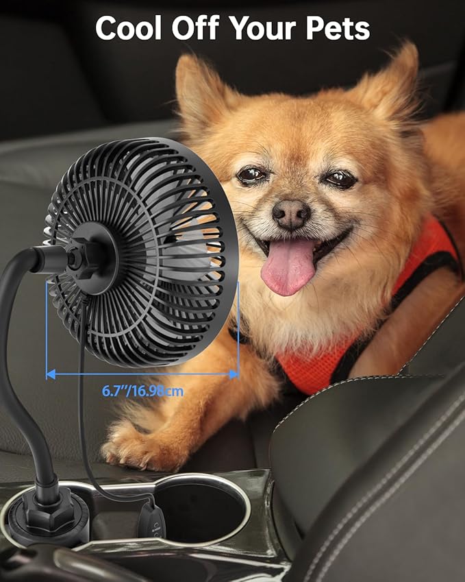 12V Car fan, 3-Speed Portable Vehicle Fan for Front Seat, Cigarette Lighter Powered with Car Charger, Mounted in Cup Holder, 360° Rotation, Car Necessities for Dog/SUV/RV/Truck/Van