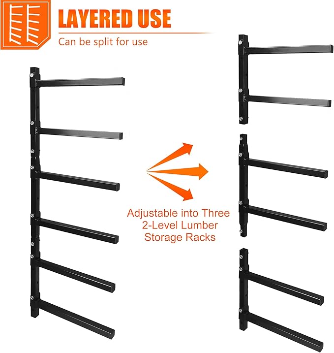 6-Tiered Collapsible Wall Mount Lumber Storage Metal Rack, 6-Level Foldable Heavy Duty Indoor Garage Wood organizer, Outdoor Adjustable Steel Multipurpose Workshop Shelf, Holds up to 600Lbs