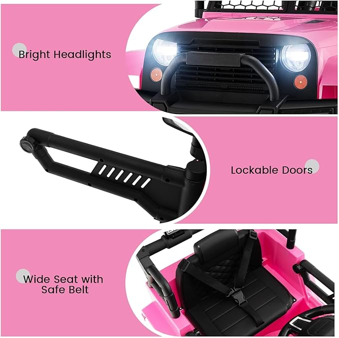 OLAKIDS Kids Ride On Truck, 12V Electric Vehicle Jeep Car with Remote Control, Toddlers Battery Powered Toy with 2 Speeds, Spring Suspension, Double Open Doors, LED Lights, Music, TF, USB, Mp3 (Pink)