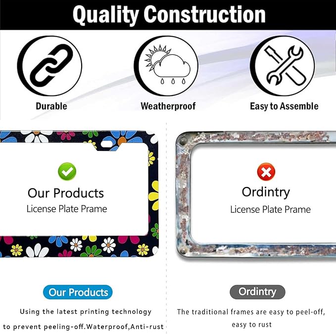 Hippie Flower License Plate Frame-2 Pack Colorful Daisy Blossom License Plate Cover Frame Aluminium Hippie Car Plate Frames Holder Cover Fit US Vehicles