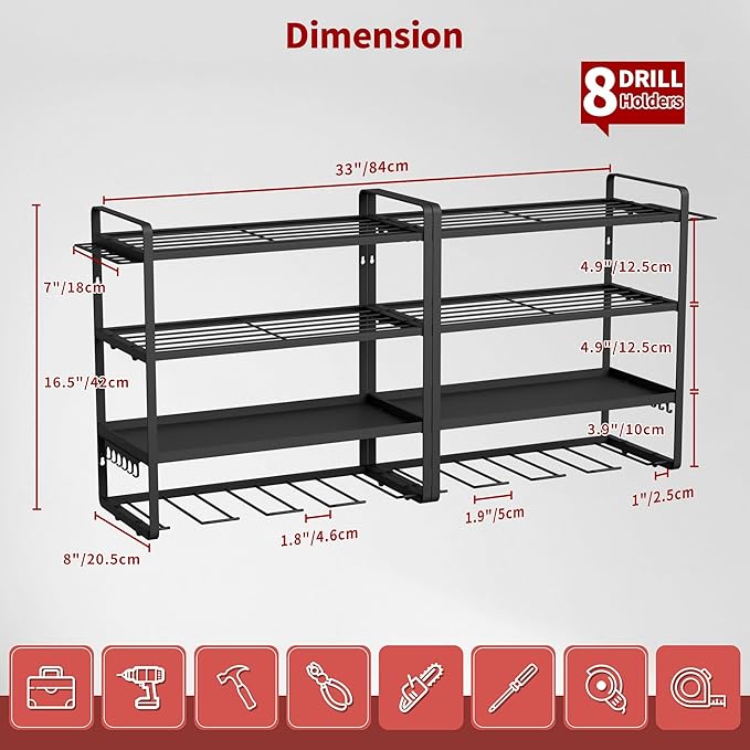 NINAT Heavy Duty 4-Tier Wall Mount Tool Organizer Rack - 8 Drill Holders, 150lb Capacity for Power Tools, Cordless Drills | Garage, Workshop, Shed & Basement Storage Solution