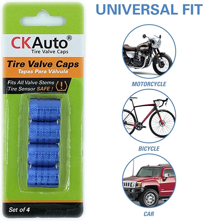CKAuto Tire Valve Stem Caps, Blue, 4 pcs/Pack, Anodized Aluminum Tire Valve Cap Set, Corrosion Resistant, Universal Stem Covers for Cars Trucks Motorcycles SUVs and Bikes