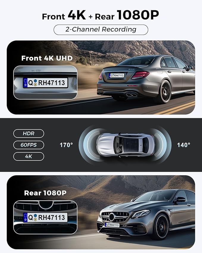 Dash Cam Front and Rear: 4K+1080P FHD Dual Dash Camera for Cars with Night Vision, 2 Channel HDR Dash Camera, 24H Parking Mode Car Camera, Built-in GPS, WiFi 6, Free 64GB Card