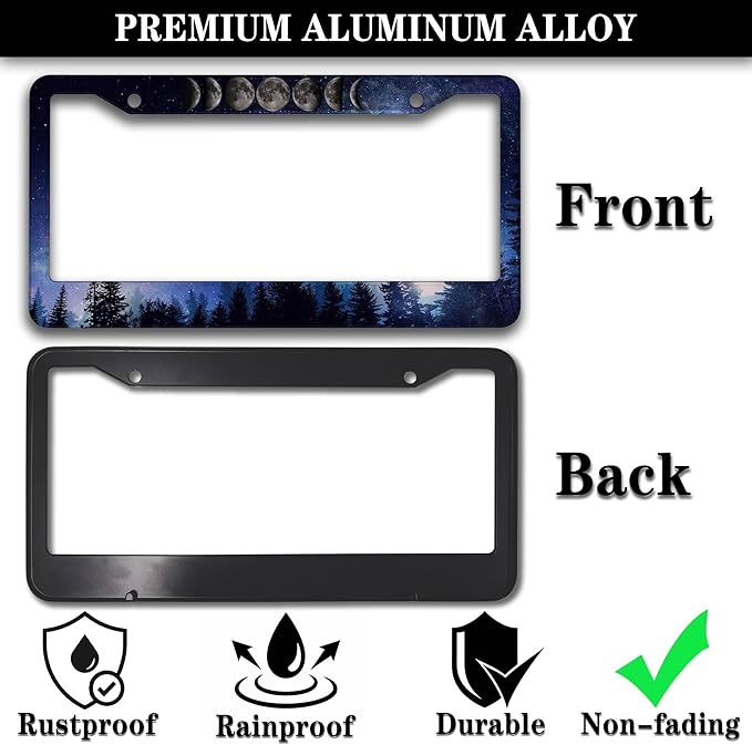 License Plate Frame Multicolor License Plate Cover Forest Starry Night Moon Phase Universal Aluminum Car Accessory 2 Pack with Screw Covers Set