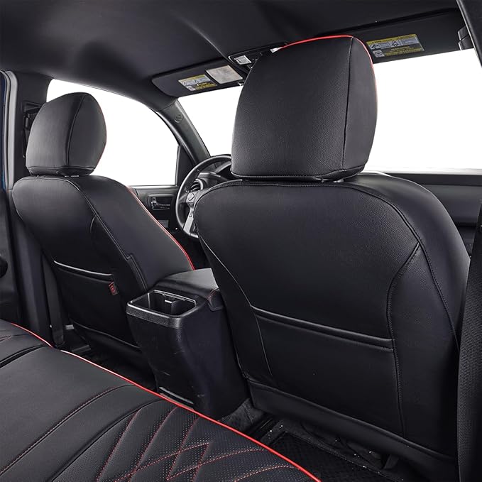 EKR Tacoma Back Seat Covers Custom for Select Toyota Tacoma (Hybrid) 2024 2025 Double cab TRD Sport,TRD Off-Road,Limited,Trailhunter- Second Row Only,Leather (Black with Red Trim)