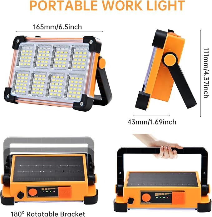 Rechargeable Solar Work Light Portable - IP66 Waterproof Job Site Flashlight with Stand, 10000LM 6600MAh Solar Flood Light for Mechanic, Camping, Car Repair, Fishing, Emergency