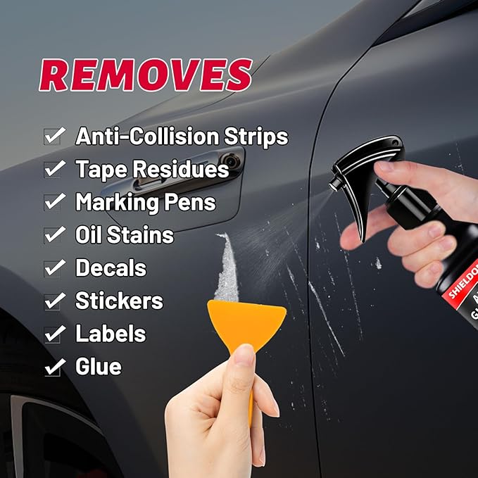 Adhesive Remover, Dissolve & Soften Adhesives on Car Glass & Paint, Easily Remove Glue Sticker Labels Decals Tape Residue, Portable Spray Removal Set with Scraper, Spatula, Towel -3.4oz/100ml