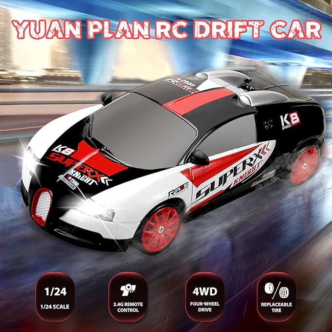 RC Drift Car 2.4GHz 1:24 Remote Control Cars 4WD 15KM/H High Speed Drifting RC Cars with Cool Lights, Two Batteries and Extra Tires Toys Car for Kids Boys Girls Adults, Black