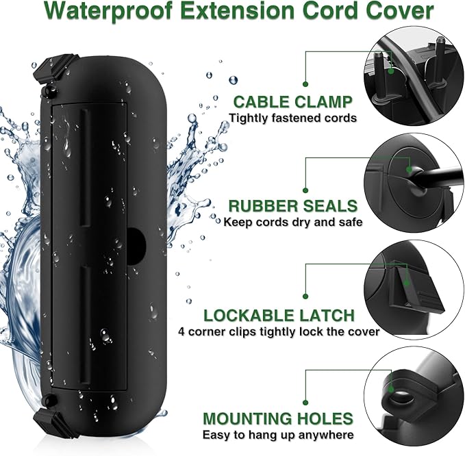 Flemoon [3 Pack] Outdoor Extension Cord Safety Cover with Waterproof Seal, Weatherproof Electrical Connection Box to Protect Outdoor Outlet, Plug, Socket, Christmas Holiday Decoration Light, Black