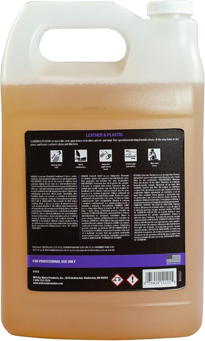 Malco Leather & Plastic Cleaner – Penetrates Deep to Remove Dirt, Grime and Oily Soils/Restores Leather, Plastic and Vinyl/Leaves Surfaces Clean, Shiny and Film-Free / 1 Gallon (100101)