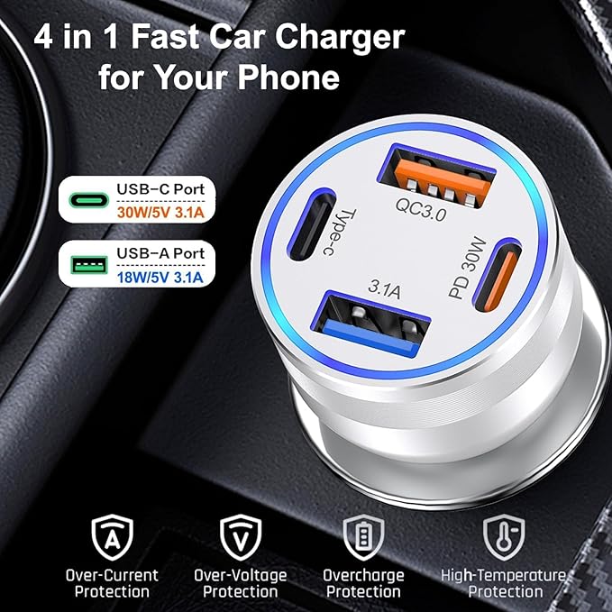 65W Car Phone Charger USB C, 5 Pack 4-Port Cigarette Lighter Adapter, 12V USB C Fast Car Charger Type C Car Adapter, Car Accessories for iPhone 16E 16 15 14 13 12 Pro Max,Galaxy,Pixel,iPad,Android