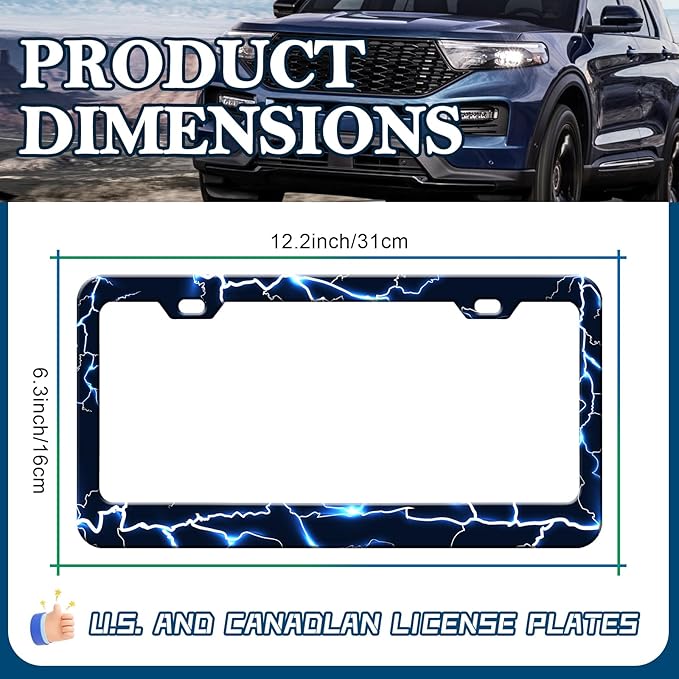 Blue Lightning License Plate Frames - 2 Pack Funny Thunder Stainless Steel License Plate Holder,Rust-Proof Waterproof Car Decorative Tag Frame with Screws Fasteners Caps