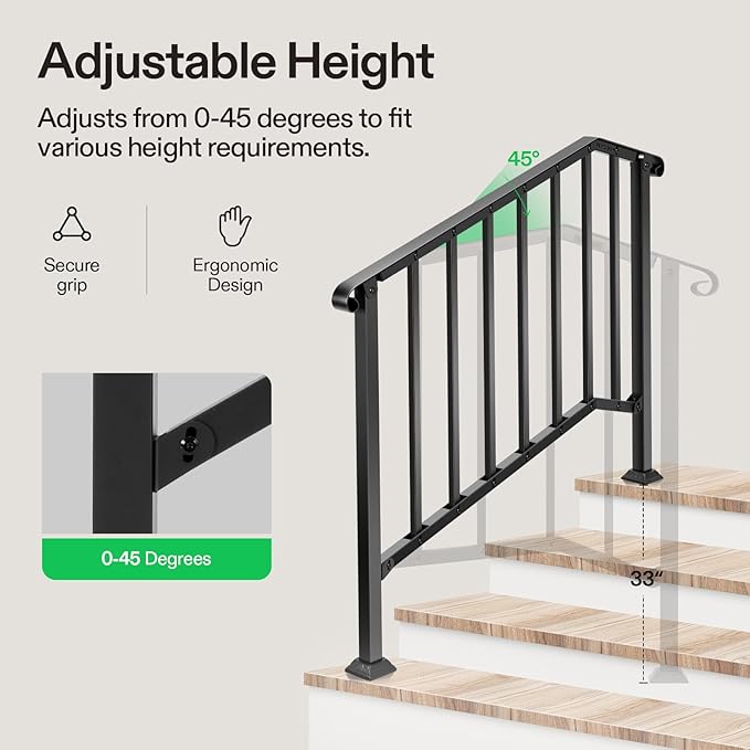 VIVOSUN Outdoor Handrail, 4 Step Stair Handrail, 54" x 36" Fits 1 to 4 Steps, Wrought Mattle Iron Stair Railing with Curved End and Balusters for Concrete Step, Porch Steps, One-Step Assembly, Black