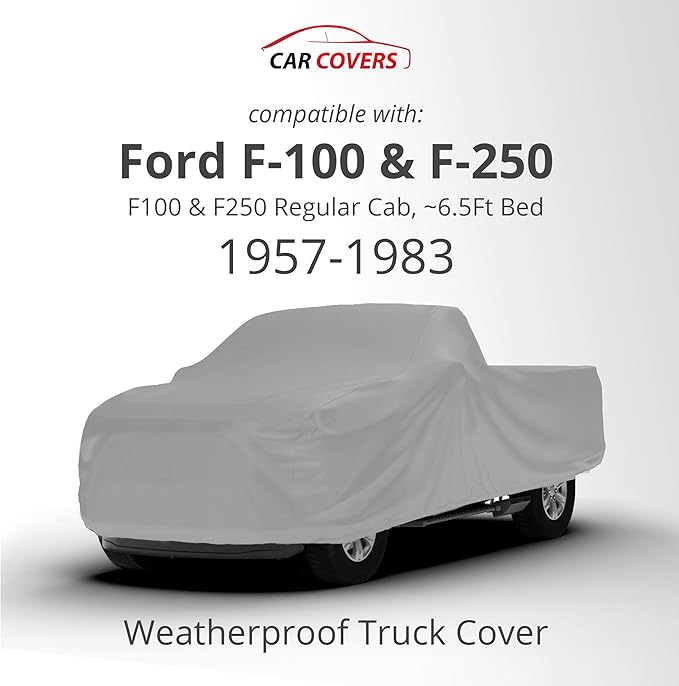 Car Covers Weatherproof Max Truck Cover & Warranty Compatible with Ford 1957-1983 F-100 Regular Cab, 6.5'– Outdoor Cover, Prevents Theft with Cable Lock