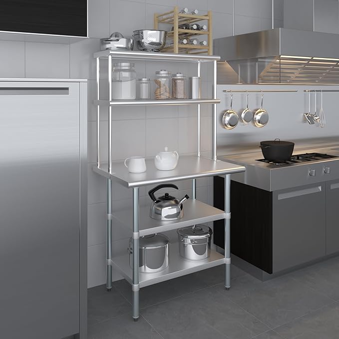 AmGood Stainless Steel Work Table with 2 Shelves | 24" x 36" Table with 2 Shelves + 12" Overshelf