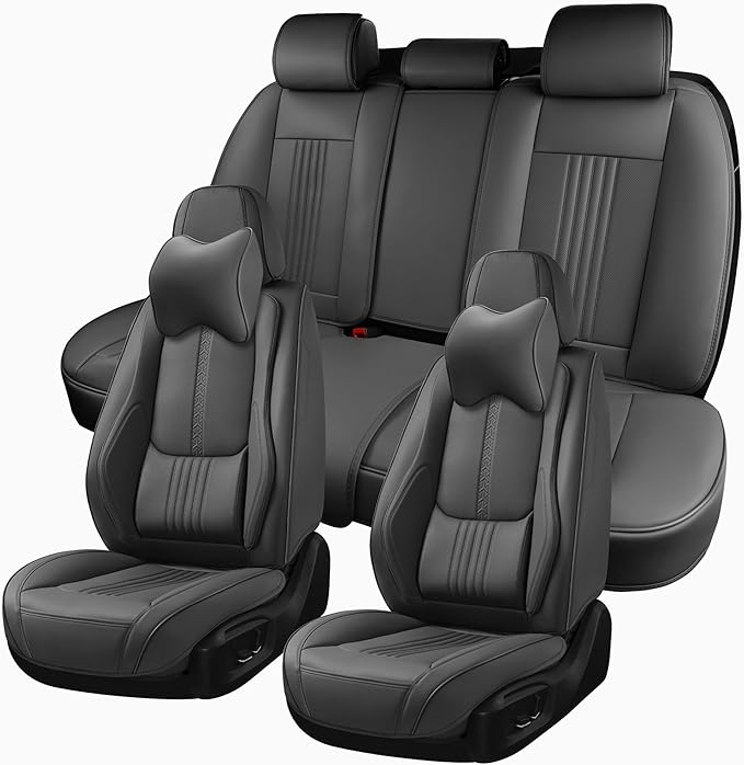 Car Seat Covers Full Set, Front and Rear Seat Covers for Cars, Waterproof Leather Auto Seat Protectors with Head Pillow, Car Seat Cushions Fit for Most Sedans SUV Pick-up Truck, Gray