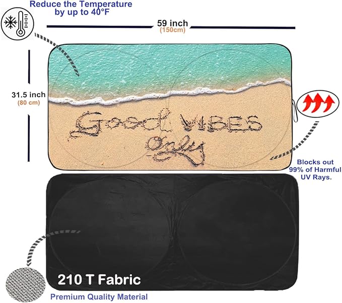 Gven Sun Shade for Car Windshield, Beach Style, Blocks 99% UV Rays, Reflective Tech, Easy Fold & Go, Funny/Stylish Design, Black, 59" x 31.5"