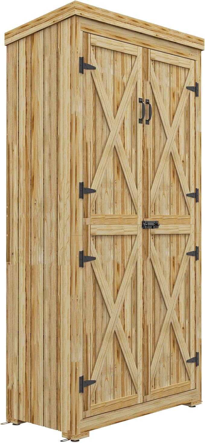 Wooden Garden Shed, Outdoor Storage Cabinet with Waterproof Galvanized Metal Roof, Narrow Tool Shed with 3 Shelves and Lockable Door, Natural