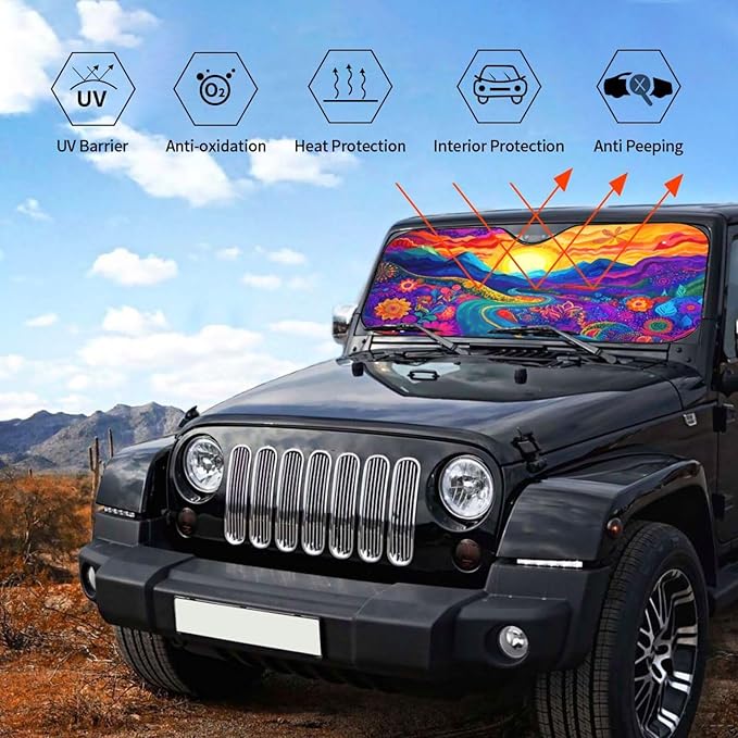 Abstract Flower Sunrise Car Sun Shade Windshield Sunshade Foldable Front Window Shield Cover for Truck SUV