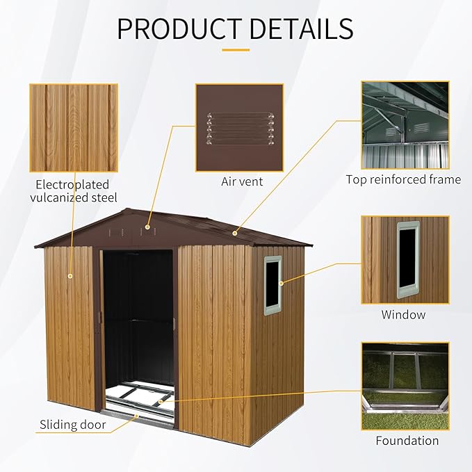 4x8 FT Outdoor Storage Shed, Metal Garden Shed with Frame Floor, Outside Tool Shed with Window, Waterproof Storage Building with Lockable Sliding Doors & Sloped Roof for Backyard, Patio, Coffee
