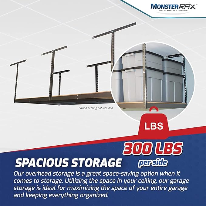 MonsterRax 4x8 Overhead Garage Storage Rack Frame Kit - Hanging Storage Shelves, Ceiling Storage Rack System, Overhead Garage Organizers And Storage, Ceiling Shelving - (Hammertone, 12"-21")