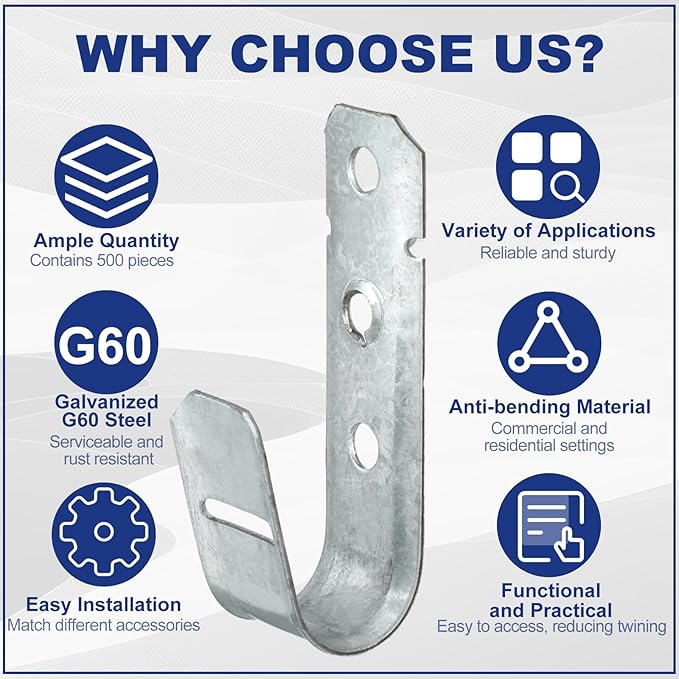 Gisafai 500 Pcs Cable Support J-Hook, 3/4 Inch Metal Garage Hooks for Hanging, Heavy Duty Network for Cable and Wire Management Wall Attaching J Utility, G60 Galvanized Steel, Silver