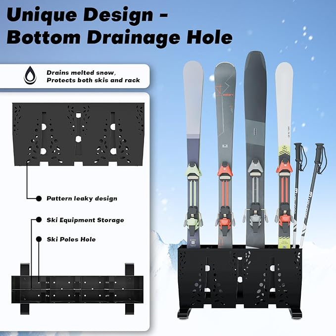 Heavy Duty Metal Ski Storage Rack, 4 Pair Freestanding Steel Ski Holder, Floor Stand Ski Organizer Rack, Snowboard Floor Stand Organizer for Garage and Home