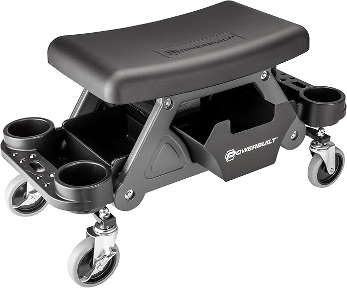 Powerbuilt Heavy-Duty Utility Rolling Seat Upgraded with Padding, Sturdy Locked in Trays, Premium Wheels for Garage Work - Grey 642924ECE