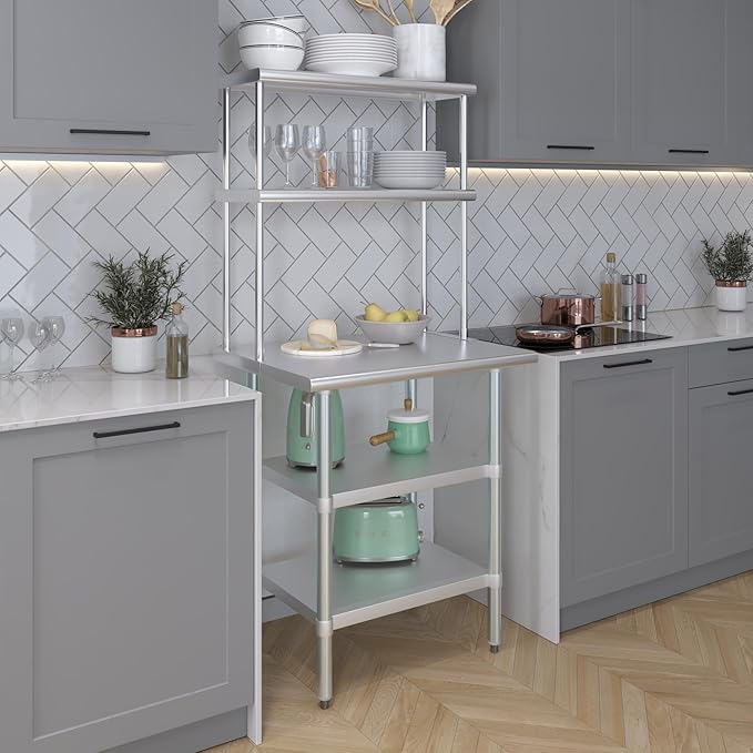Amgood Stainless Steel Work Table with 2 Shelves | Metal Kitchen Prep Table & Shelving Combo (24" x 30" Table with 2 Shelves + 12" Overshelf)