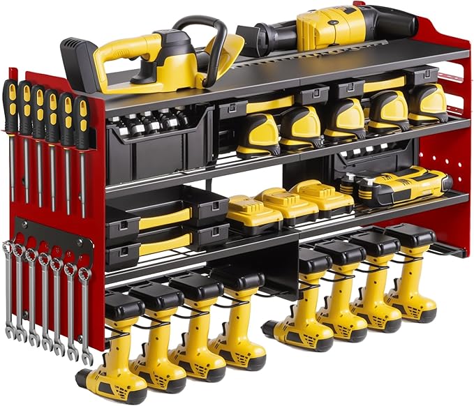 oviitech Power Tool Organizer Wall Mount, 8 Drill Holder Wall Mount Loads 400lbs, 4 Layer Heavy Duty Metal Power Tool Storage, Red, Utility Rack for Garage Workshop, Gifts for Men