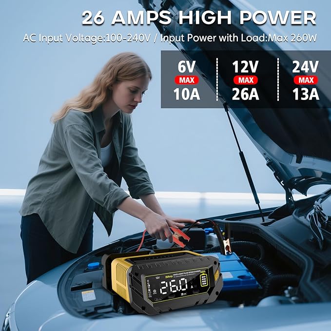 Battery Charger 0-26A 6V/12V/24V Lithium LiFePO4 Lead Acid, Fully Automatic Car Battery Maintainer, Smart Trickle Charger, Automotive w/Pulse Repair for AGM, STD, Gel, Deep Cycle Batteries ﻿