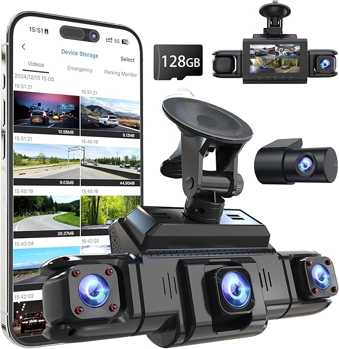 360 뷰 4 채널 대시 캠 전면 및 후면 왼쪽 오른쪽 내부 카메라, 자동차, GPS 및 5G 밴드 WiFi, 야간 시야, 160도 광각, WDR, 24H 주차 모드, 슈퍼 커패시터, 128GB 카드 포함