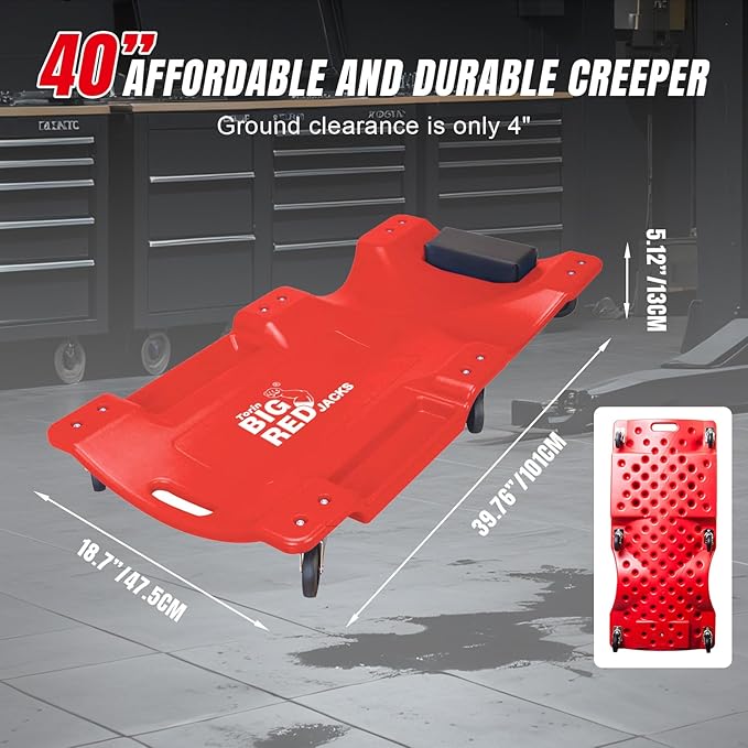 Big RED Plastic Rolling Garage/Shop Creeper: Dual Tool Trays and 6 Casters, Red，40" Mechanic Cart with Padded Headrest